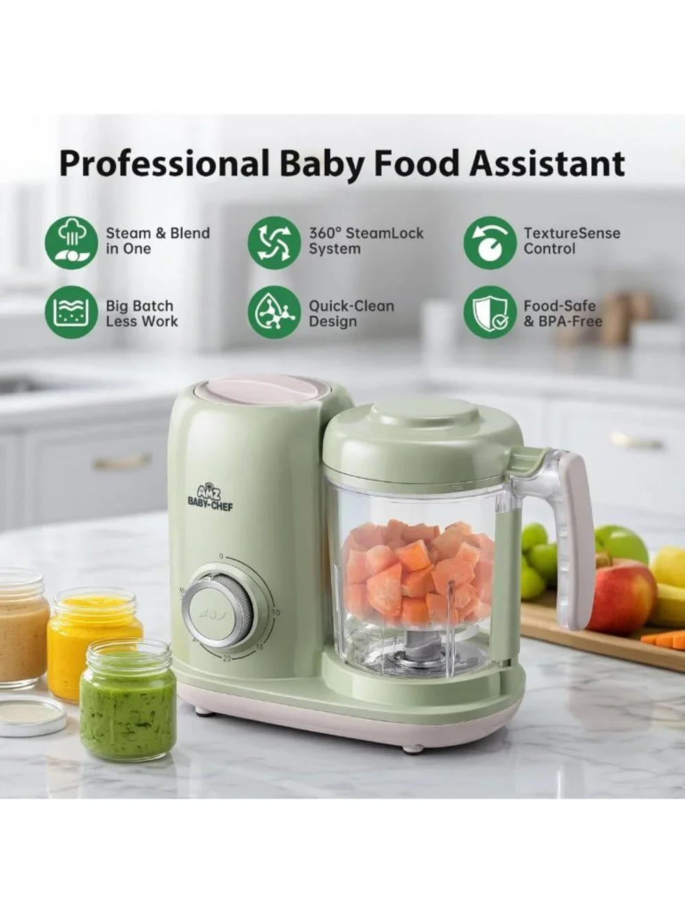 4-in-1 Baby Food Maker & Steamer, Puree Blender, Dishwasher Safe, Green